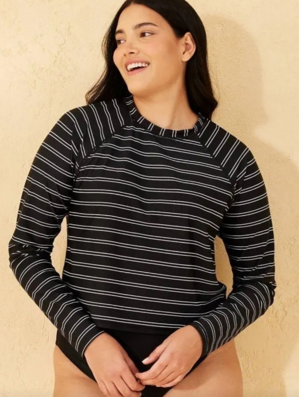 Shade & Shore Black and White Striped Long-Sleeve Swim Top